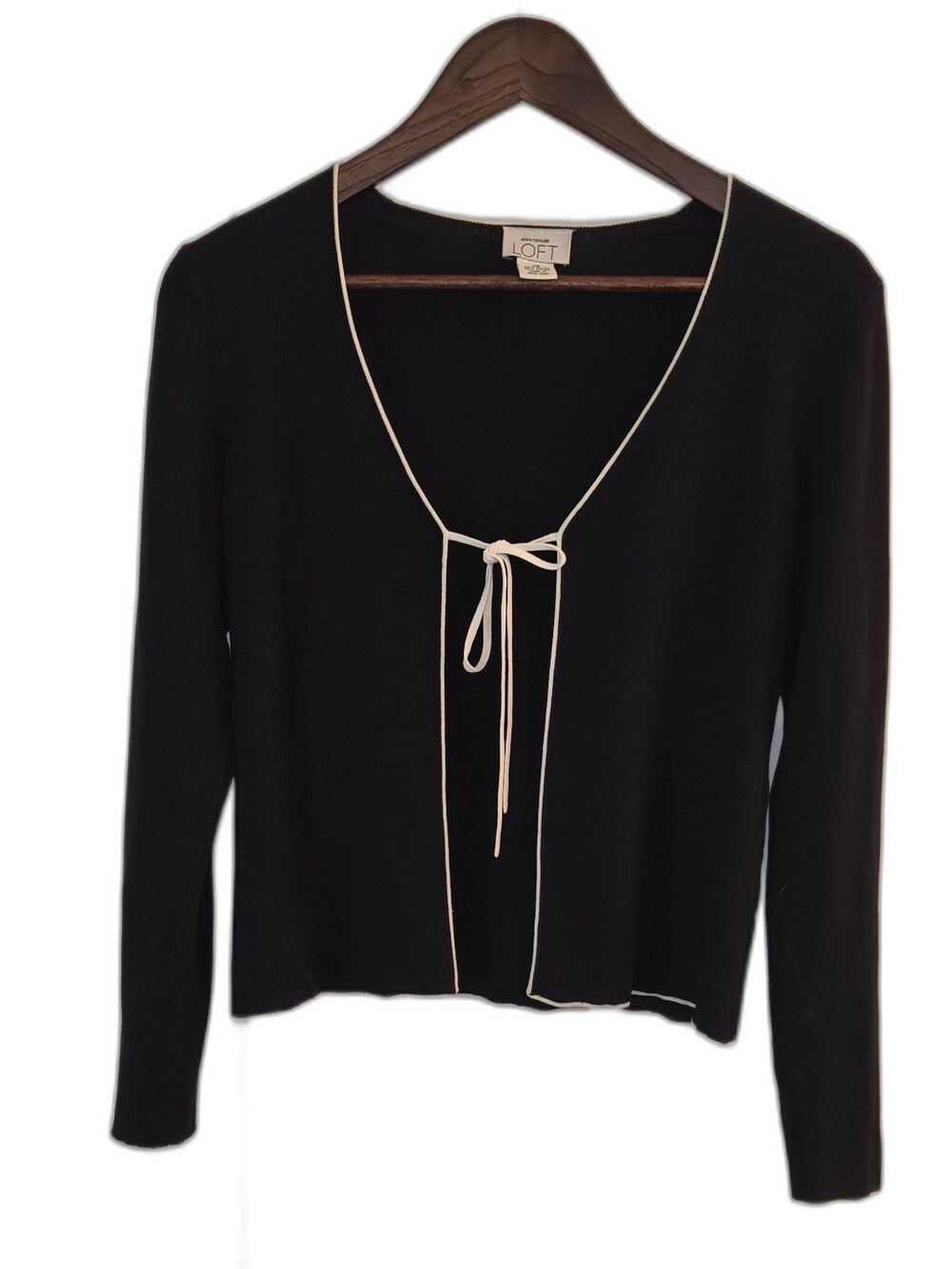 LOFT Black Tie-Front Long Sleeve Top with White Trim Womens Size Xs